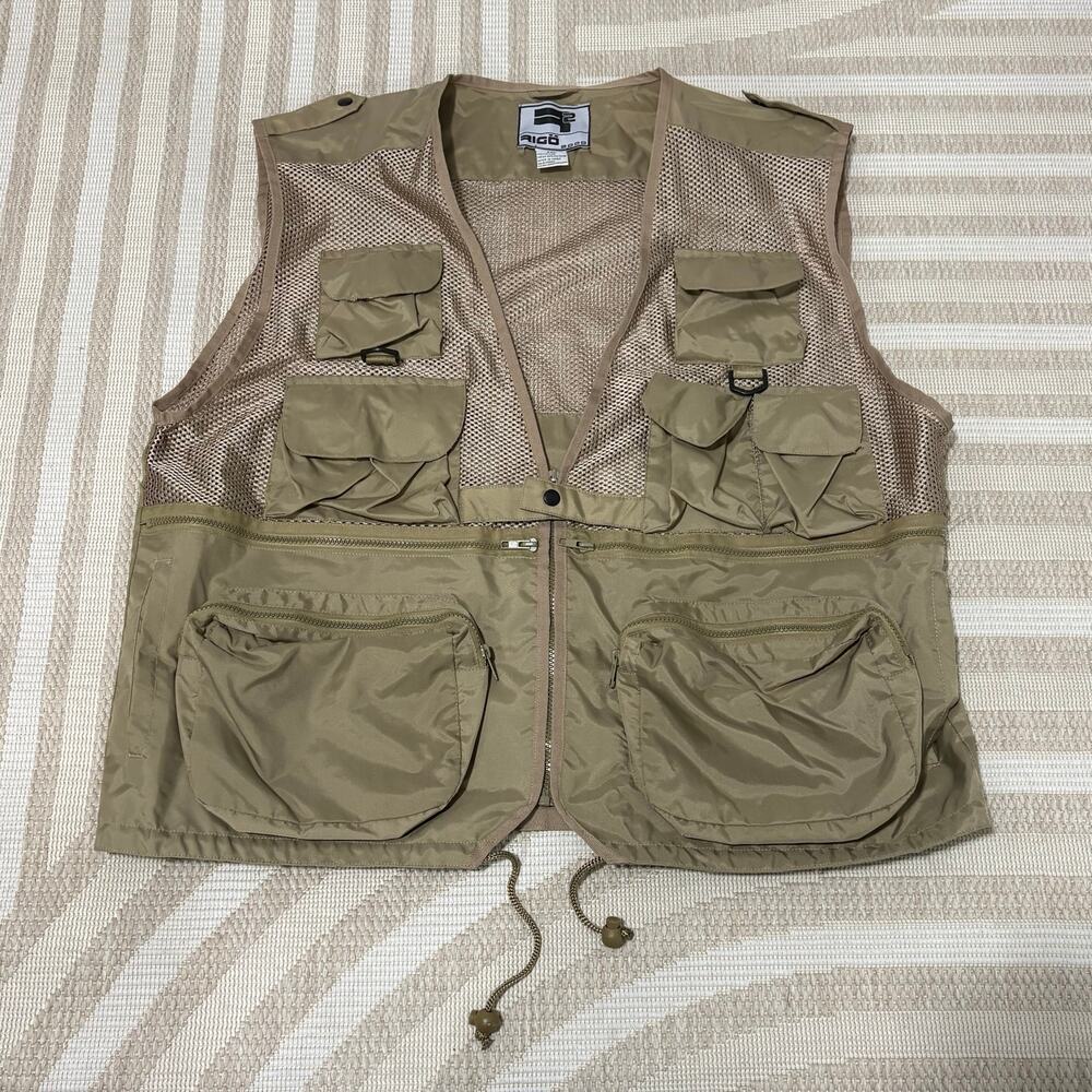 Vintage Y2K RIG 2000 Fishing Utility Vest XXL Khaki Nylon Mesh Multi Pocket